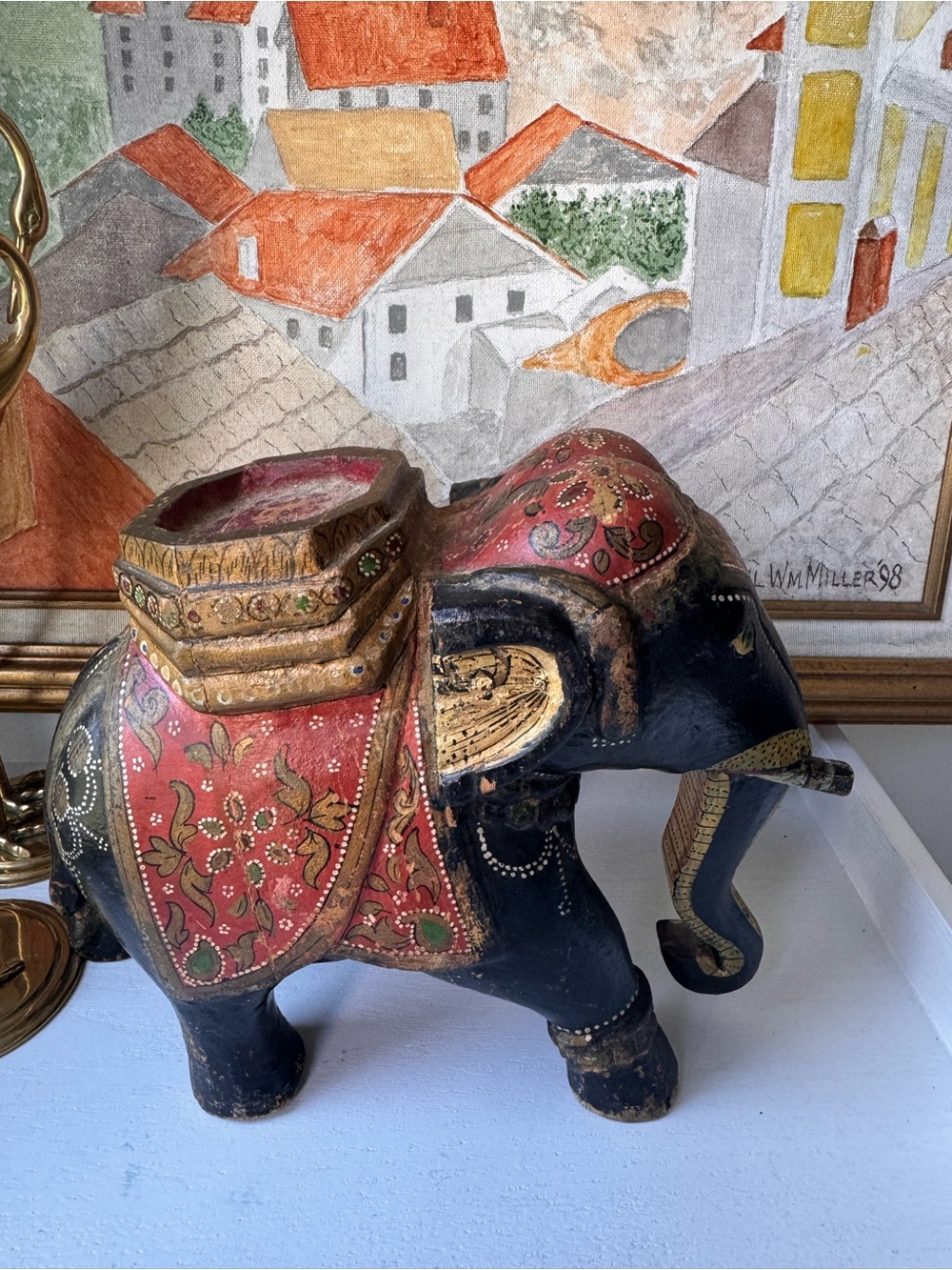 Hand-Painted Black and Red Decorative Elephant Statue